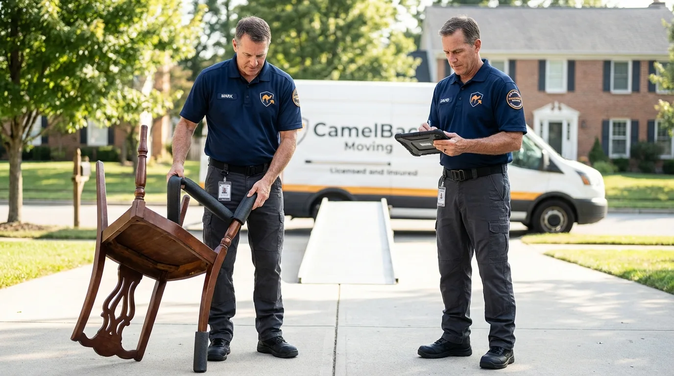 Movers inspecting furniture for damage prevention before loading in Ruckersville, VA