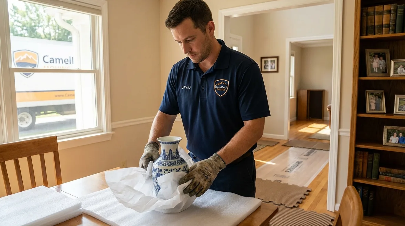 Professional crew carefully wrapping antique vase for senior downsizing move in Ruckersville, VA
